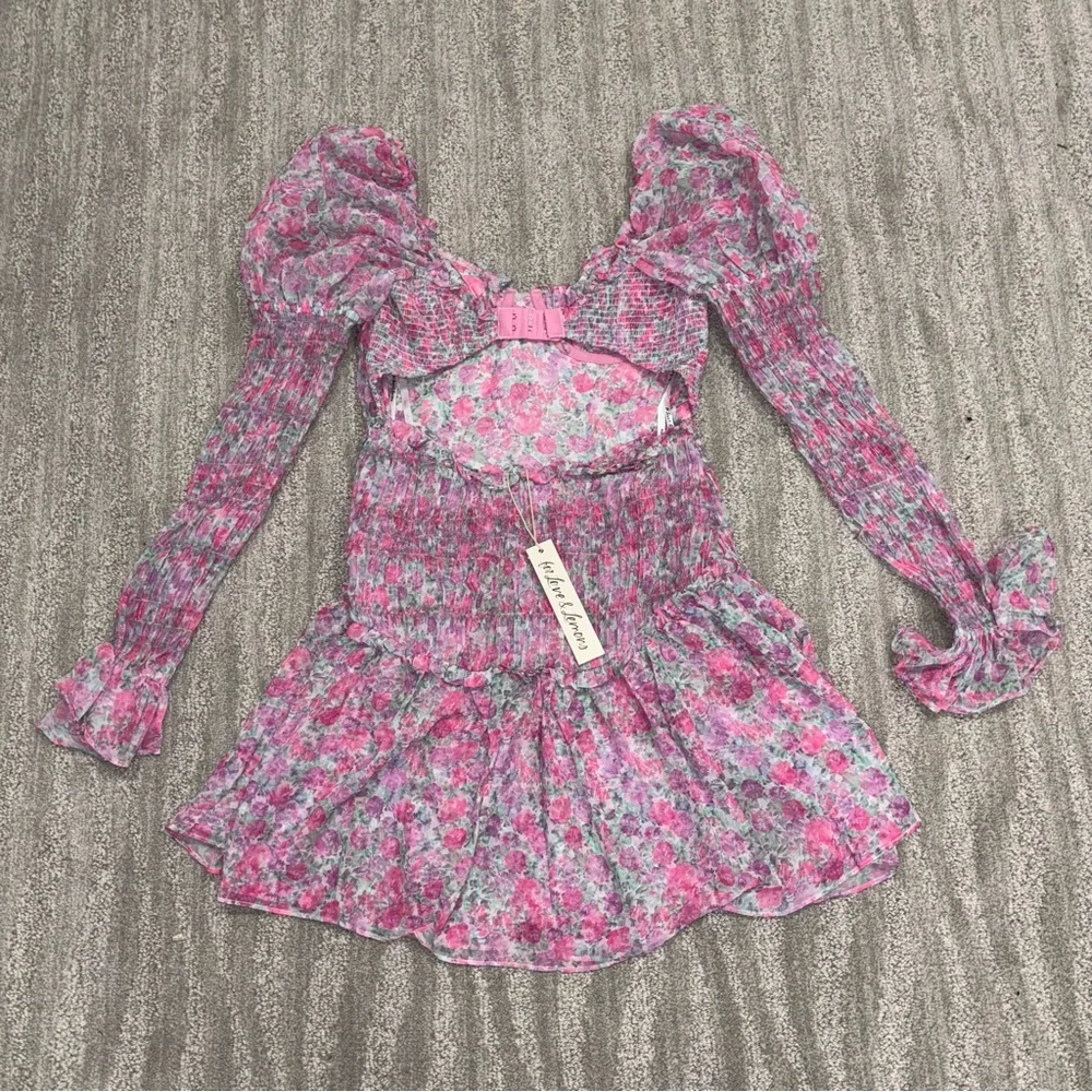 NWT For Love & Lemons Oakley Floral Print Puff Sleeve Corset Top Mini Dress Sz S - Picture 3 of 8